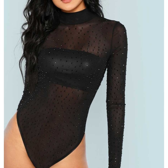 MBM Unlimited Tops - Black Long Sleeve Mesh Rhinestones Sheer Bodysuit